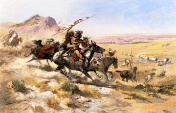  Mer Malerei - Angriff auf einem Wagon Train Indianer Westlichen Amerikanischen Charles Marion Russell